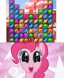 Size: 1243x1519 | Tagged: safe, derpibooru import, screencap, pinkie pie, earth pony, pony, the ticket master, candy, candy blast mania, candyland, food, game, gumdrop, image, jellybeans, jewelry, lifesaver, lollipop, mobile game, png, reaction image, ring, smiling, sparkles, speech bubble, starry background, starry eyes, stars, sweets, treats, wingding eyes, wrapper