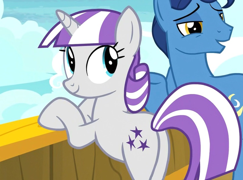 Size: 1012x748 | Tagged: safe, derpibooru import, edit, edited screencap, screencap, night light, twilight velvet, pony, unicorn, once upon a zeppelin, butt, cropped, female, image, jpeg, looking at you, looking back, looking back at you, male, mare, married couple, plot, smiling, solo focus, stallion, twibutt velvet, velvetbutt