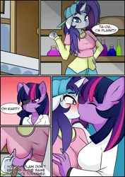 Size: 2971x4200 | Tagged: suggestive, artist:caoscore, derpibooru import, rarity, twilight sparkle, anthro, comic:friendship university, friendship university, alternate hairstyle, blushing, breast grab, breasts, cap, clothes, comic, disguise, eyepatch, eyepatch (disguise), female, grope, hat, image, kissing, lesbian, plainity, png, rarilight, shipping, surprised, surprise kiss, thick eyebrows