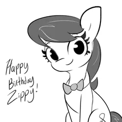 Size: 1980x1980 | Tagged: safe, artist:tjpones, derpibooru import, octavia melody, pegasus, pony, bowtie, cute, female, grayscale, happy birthday, image, looking at you, mare, monochrome, png, simple background, solo, tavibetes, white background, zippysqrl's birthday