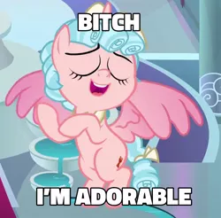 Size: 610x600 | Tagged: safe, deleted from derpibooru, derpibooru import, edit, edited screencap, screencap, cozy glow, alicorn, pony, the ending of the end, alicornified, bitch i'm fabulous, bow, caption, cozybetes, cozycorn, cropped, cute, dragonball z abridged, female, filly, image, image macro, jpeg, race swap, solo, tail bow, text, vulgar
