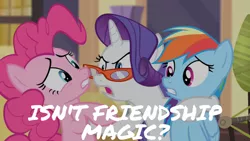 Size: 1280x720 | Tagged: safe, derpibooru import, edit, edited screencap, editor:quoterific, screencap, pinkie pie, rainbow dash, rarity, earth pony, pegasus, pony, unicorn, rarity takes manehattan, female, image, jpeg, mare, open mouth, rarity's glasses