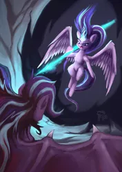 Size: 1169x1654 | Tagged: safe, artist:calena, derpibooru import, starlight glimmer, alicorn, demon, demon pony, original species, pony, alicornified, angelic, angelic wings, angry, cave, demon wings, duality, epic, evil, fight, image, looking at each other, magic, painting, png, race swap, self paradox, serious, serious face, spear, starlicorn, weapon, wings, xk-class end-of-the-world scenario