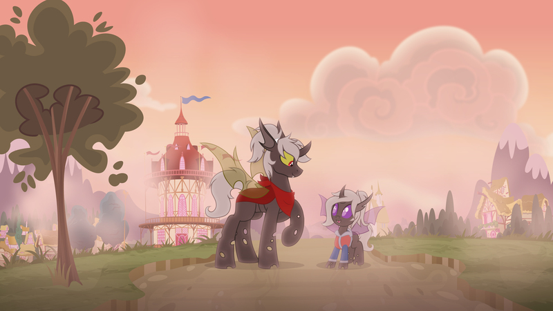 Size: 3840x2160 | Tagged: safe, artist:brutalweather studio, derpibooru import, oc, oc:bandit, oc:chad, oc:kama ezio clyde armasta laska chadwickson the iv, changeling, season 1, bandana, big brother, brothers, changeling oc, clothes, double colored changeling, hoodie, image, jpeg, male, parent:queen chrysalis, ponytail, ponyville, purple changeling, red changeling, show accurate, siblings
