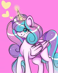 Size: 1080x1350 | Tagged: safe, artist:tessa_key_, derpibooru import, princess flurry heart, alicorn, pony, eyelashes, female, glowing horn, heart, horn, image, jpeg, mare, older, older flurry heart, pink background, simple background, smiling, solo, wings