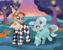 Size: 2048x1635 | Tagged: safe, artist:pineappleartz, derpibooru import, oc, oc:absinthe hyacinthum, oc:midnight note, oc:space cadet, unofficial characters only, earth pony, pegasus, pony, clothes, clown, costume, halloween, halloween costume, holiday, image, jpeg, looking at each other, pumpkin, stars, tree