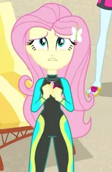Size: 672x1024 | Tagged: safe, derpibooru import, screencap, fluttershy, rainbow dash, aww... baby turtles, equestria girls, equestria girls series, beach shorts swimsuit, clothes, female, fluttershy's beach shorts swimsuit, geode of fauna, image, jpeg, magical geodes, solo focus, swimsuit, wetsuit