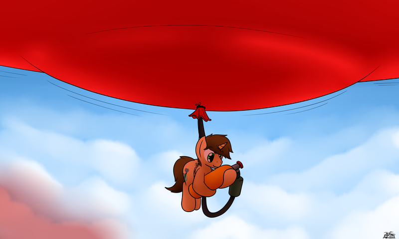 Size: 3440x2060 | Tagged: safe, artist:the-furry-railfan, derpibooru import, oc, oc:bobby seas, unofficial characters only, unicorn, balloon, carrying, cloud, cloudy, floating, helium tank, hose, image, inflation, p 235, png, string