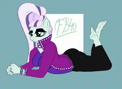 Size: 2000x1472 | Tagged: suggestive, artist:flammingbrony40, derpibooru import, coloratura, anthro, plantigrade anthro, 1000 hours in ms paint, bracelet, breasts, busty coloratura, choker, clothes, coloraturump, countess coloratura, fanart, image, jacket, jewelry, jpeg, legs in air, lying down, pants, prone, shirt