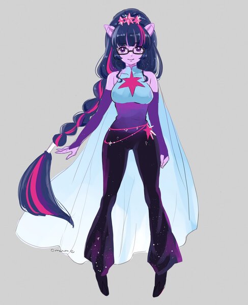 Size: 1588x1958 | Tagged: safe, artist:5mmumm5, derpibooru import, sci-twi, twilight sparkle, equestria girls, adorasexy, adorkable, adorkasexy, bare shoulders, beautiful, beautisexy, breasts, busty twilight sparkle, cape, clothes, cute, dork, evening gloves, floating, glasses, gloves, hair accessory, image, jpeg, long gloves, pants, ponied up, ponytail, sexy, simple background, smiling