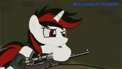 Size: 1701x957 | Tagged: safe, artist:blackholestudios, derpibooru import, screencap, oc, oc:blackjack, unicorn, fallout equestria, fallout equestria: project horizons, emoji, fanfic art, female, gun, image, jpeg, meme, meme origin, rifle, sniper rifle, solo, thinking, thinking emoji, wasteland, weapon