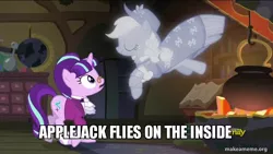 Size: 800x450 | Tagged: safe, derpibooru import, edit, edited screencap, screencap, applejack, snowfall frost, spirit of hearth's warming past, starlight glimmer, a hearth's warming tail, caption, discovery family logo, image, image macro, jpeg, meme, pun, reference, spirit, text