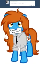 Size: 855x1377 | Tagged: safe, artist:furrgroup, derpibooru import, oc, oc:firefox, oc:internet explorer, pony, ask internet explorer, browser ponies, clothes, cosplay, costume, image, internet explorer, mouth hold, png, shirt, solo