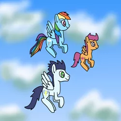 Size: 1280x1280 | Tagged: safe, artist:platinumdrop, derpibooru import, rainbow dash, scootaloo, soarin', pegasus, pony, cloud, female, filly, flying, image, jpeg, male, mare, old cutie mark, request, scootaloo can fly, sky, stallion
