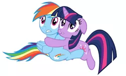 Size: 1280x778 | Tagged: safe, artist:benpictures1, derpibooru import, rainbow dash, twilight sparkle, pegasus, pony, unicorn, dragonshy, cute, duo, duo female, female, floppy ears, hug, image, inkscape, lesbian, png, scared, shipping, simple background, transparent background, twidash, unicorn twilight, vector, white background
