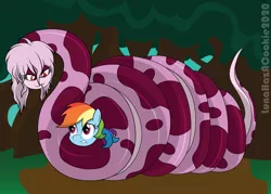 Size: 2825x2020 | Tagged: safe, artist:lunahazacookie, derpibooru import, rainbow dash, oc, pegasus, pony, snake, coiling, coils, constriction, digital art, forest, image, png, squeezing, trapped, tree, wrapped up