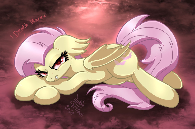 Size: 2130x1410 | Tagged: safe, artist:joakaha, derpibooru import, fluttershy, bat pony, pony, bat ponified, death stare, fangs, female, flutterbat, image, jpeg, looking at you, mare, race swap, red eyes, red eyes take warning, solo
