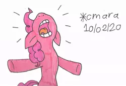 Size: 981x667 | Tagged: safe, artist:cmara, derpibooru import, pinkie pie, earth pony, pony, angry, bipedal, female, image, jpeg, mare, open mouth, raised hoof, simple background, solo, traditional art, white background, yelling