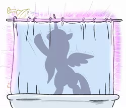 Size: 1064x910 | Tagged: safe, artist:jargon scott, derpibooru import, part of a set, princess cadance, alicorn, pony, bathtub, bipedal, curtain, female, image, jpeg, mare, princess of love, shower, shower curtain, silhouette, singing, solo, standing