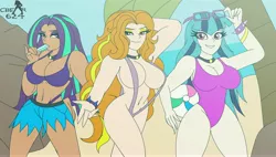 Size: 8016x4552 | Tagged: suggestive, alternate version, artist:cbear624, derpibooru import, adagio dazzle, aria blaze, sonata dusk, human, equestria girls, absolute cleavage, belly button, big breasts, bikini, bikini top, breasts, busty adagio dazzle, busty aria blaze, busty sonata dusk, cleavage, clothes, explicit source, female, food, glasses, human coloration, humanized, image, jpeg, looking at you, one-piece swimsuit, popsicle, seductive look, shorts, sling bikini, smiling, swimsuit, the dazzlings, trio, trio female