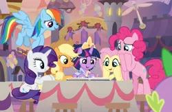 Size: 895x584 | Tagged: safe, derpibooru import, screencap, applejack, fluttershy, pinkie pie, rainbow dash, rarity, spike, twilight sparkle, twilight sparkle (alicorn), alicorn, earth pony, pegasus, pony, unicorn, memories and more, the last problem, spoiler:memories and more, bipedal, clothes, coronation dress, cropped, crown, cute, dress, flying, group, image, jewelry, mane seven, mane six, open mouth, png, regalia, second coronation dress, sitting, table