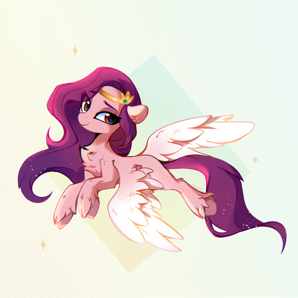 Size: 1840x1840 | Tagged: safe, artist:aureai, derpibooru import, pipp petals, pegasus, pony, abstract background, chest fluff, ear fluff, g5, image, jewelry, leg fluff, long mane, looking at you, png, simple background, smiling, solo, spread wings, tiara, unshorn fetlocks, wing fluff, wings