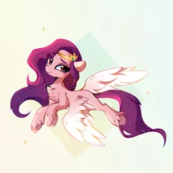 Size: 1840x1840 | Tagged: safe, artist:aureai, derpibooru import, pipp petals, pegasus, pony, abstract background, chest fluff, ear fluff, g5, image, jewelry, leg fluff, long mane, looking at you, png, simple background, smiling, solo, spread wings, tiara, unshorn fetlocks, wing fluff, wings