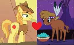 Size: 426x259 | Tagged: safe, derpibooru import, edit, edited screencap, screencap, braeburn, little strongheart, buffalo, earth pony, pony, over a barrel, braeheart, female, image, male, png, shipping, shipping domino, straight, tipi