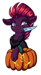 Size: 850x1550 | Tagged: safe, artist:banoodle, derpibooru import, fizzlepop berrytwist, tempest shadow, pony, unicorn, armor, broken horn, clothes, commission, cute, halloween, holiday, horn, image, jpeg, knife, pumpkin, pumpkin carving, scar, simple background, solo, tempestbetes, white background, ych result