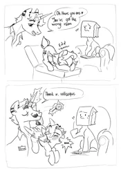 Size: 2480x3543 | Tagged: safe, artist:fault sunrise, derpibooru import, oc, oc:lunnita, oc:paper bag, oc:sunrise, angry, biting, candy, comic, confused, couch, descriptive noise, dialogue, face down ass up, food, image, jpeg, lollipop, tail bite