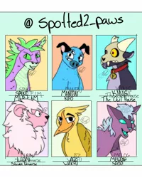 Size: 1000x1250 | Tagged: safe, artist:spotted2_paws, derpibooru import, spike, spike the regular dog, big cat, bird, dog, lion, six fanarts, equestria girls, bust, chest fluff, collar, crossover, image, jpeg, king (the owl house), kipo and the age of wonderbeasts, lion (steven universe), male, she-ra and the princesses of power, signature, skull, steven universe, the owl house, wakfu