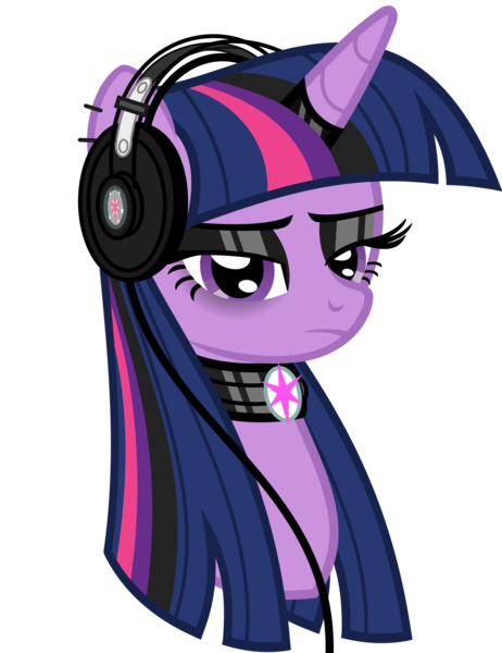 Size: 2494x3237 | Tagged: safe, alternate version, artist:severity-gray, derpibooru import, twilight sparkle, alicorn, pony, alternate hairstyle, black eyeshadow, bust, choker, ear piercing, earring, female, goth, gothic, headphones, headset, horn, horn ring, image, jewelry, makeup, piercing, png, portrait, ring, sad, simple background, solo, transparent background, wires