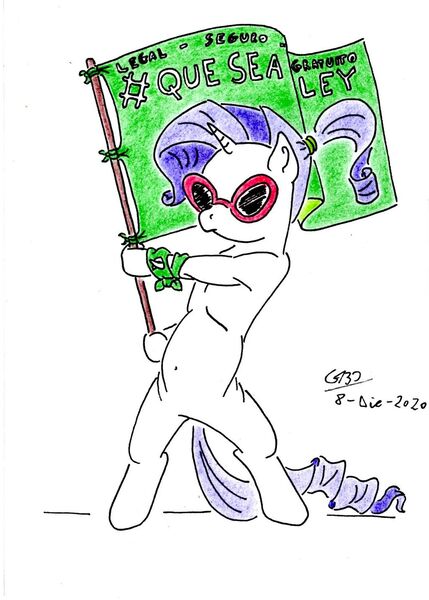 Size: 1024x1432 | Tagged: safe, artist:gafelpoez, derpibooru import, rarity, pony, unicorn, abortion, activism, argentina, bipedal, feminism, flag, holding a flag, image, jpeg, mouthpiece, politics, revolution, spanish, sunglasses