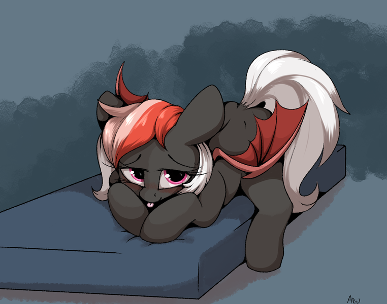 Size: 2938x2314 | Tagged: safe, artist:arume_lux, derpibooru import, oc, oc:amaryllis, bat pony, pony, :p, bat pony oc, bat wings, female, filly, image, mattress, png, solo, tongue out, wings