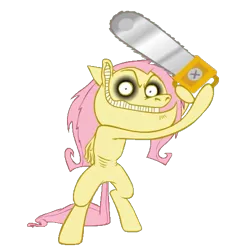 Size: 507x507 | Tagged: semi-grimdark, artist:hotdiggedydemon, derpibooru import, edit, fluttershy, pegasus, pony, .mov, shed.mov, background removed, bipedal, chainsaw, cutout, dark eyes, female, fluttershed, grin, hoof hold, image, mare, messy mane, png, simple background, smiling, solo, transparent background