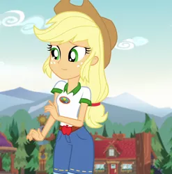 Size: 1066x1080 | Tagged: safe, derpibooru import, edit, edited screencap, editor:mycarhasamoustache, screencap, applejack, equestria girls, legend of everfree, camp everfree outfits, cropped, cute, female, image, jackabetes, png, smile edit, solo