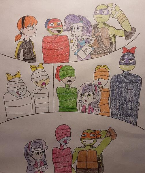 Size: 900x1073 | Tagged: safe, artist:jebens1, derpibooru import, princess luna, rarity, snails, snips, sweetie belle, equestria girls, april o'neil, donatello, image, jpeg, michelangelo, mummification, silly songs, singing, song reference, teenage mutant ninja turtles, traditional art, veggietales, vice principal luna, wrapped myself up for christmas, wrapped up