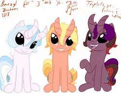 Size: 1280x1002 | Tagged: safe, artist:baezyl zuuhaas, derpibooru import, oc, oc:peaches dyorn, oc:plumbiskyn dyorn, oc:snowburri dyorn, unofficial characters only, bicorn, hybrid, original species, pony, canines, cute, cutie mark, elf ears, emoji, futa, horn, horns, image, intersex, jpeg, multiple horns, sharp teeth, siblings, simple background, sitting, smiling, staring at you, sticking tongue out, teeth, thick horn, triplets, white background