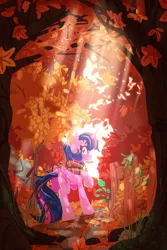 Size: 2560x3840 | Tagged: safe, artist:zvn, derpibooru import, twilight sparkle, twilight sparkle (alicorn), alicorn, pony, autumn, clothes, crepuscular rays, falling leaves, female, fence, forest, image, leaves, looking at you, looking back, looking back at you, mare, png, profile, scarf, scenery, smiling at you, solo, tree