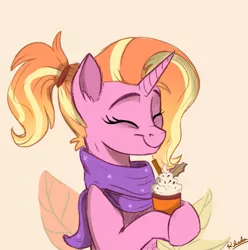 Size: 693x699 | Tagged: safe, artist:rutkotka, derpibooru import, luster dawn, pony, unicorn, clothes, coffee, cute, eyes closed, female, food, image, latte, lusterbetes, mare, png, scarf, smiling, solo, warm