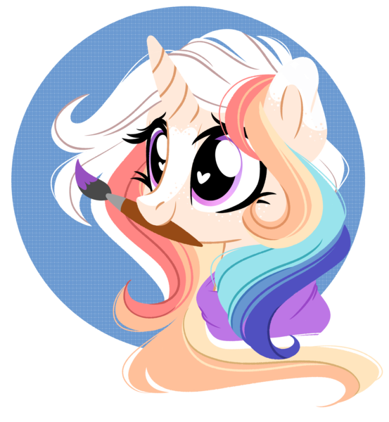 Size: 3175x3445 | Tagged: safe, artist:emberslament, derpibooru import, oc, unofficial characters only, pony, unicorn, blaze (coat marking), clothes, cute, freckles, heart eyes, image, lineless, mouth hold, paintbrush, png, scarf, simple background, solo, transparent background, weapons-grade cute, wingding eyes