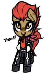 Size: 777x1189 | Tagged: safe, artist:jetwave, derpibooru import, skellinore, oc, oc:dala vault, unofficial characters only, earth pony, pony, the break up breakdown, bandana, boots, candy, clothes, cosplay, costume, dialogue, earth pony oc, female, food, halloween, halloween costume, holiday, image, makeup, mare, nightmare night, png, shoes, simple background, skeleton costume, solo, standing, trick or treat, white background