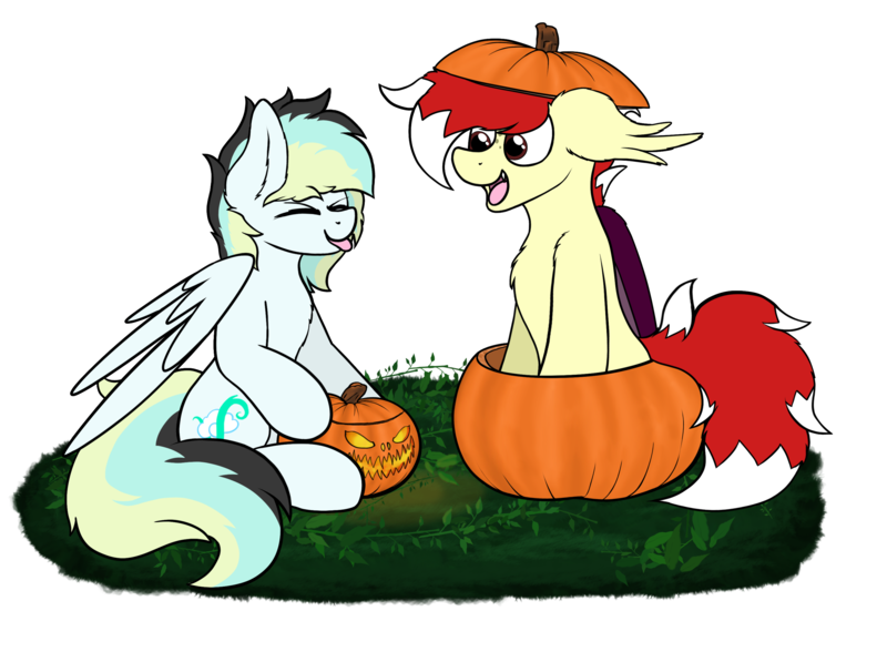 Size: 2888x2122 | Tagged: safe, artist:aaathebap, derpibooru import, oc, oc:aaaaaaaaaaa, oc:swifty breeze, bat pony, pegasus, duo, grass, halloween, holiday, image, jack-o-lantern, png, pumpkin, silly, simple background, sticking tongue out, transparent background