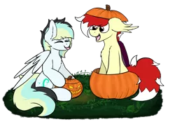 Size: 2888x2122 | Tagged: safe, artist:aaathebap, derpibooru import, oc, oc:aaaaaaaaaaa, oc:swifty breeze, bat pony, pegasus, duo, grass, halloween, holiday, image, jack-o-lantern, png, pumpkin, silly, simple background, sticking tongue out, transparent background