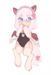 Size: 2380x3500 | Tagged: safe, artist:angelbeat-drift, derpibooru import, oc, oc:sakura, unofficial characters only, pegasus, pony, semi-anthro, bipedal, blushing, blushing profusely, bow, clothes, embarrassed, female, frills, garters, hair bow, image, leotard, maid, maid headdress, mare, markings, pastel colors, plaid, png, simple background, socks, socks (coat marking), standing up, stockings, tail bow, thigh highs