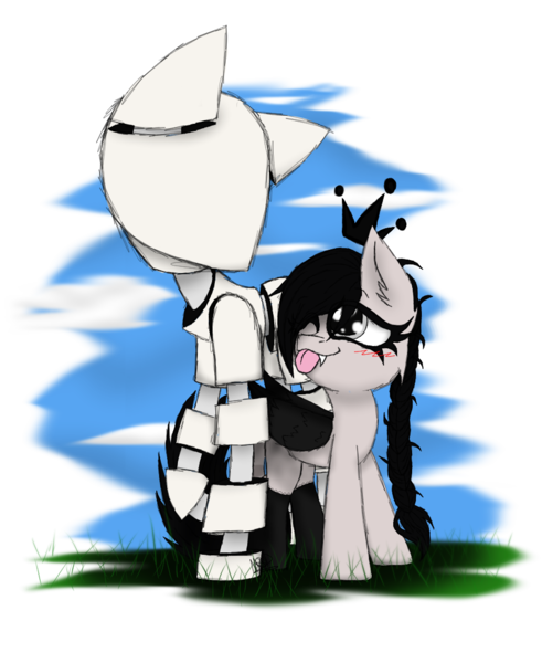 Size: 900x1100 | Tagged: safe, artist:didun850, derpibooru import, oc, oc:den (silent hill), oc:midnight shade, unofficial characters only, bat pony, pony, bat pony oc, bat wings, blushing, braid, crown, duo, image, jewelry, mannequin, png, regalia, simple background, tongue out, transparent background, wings