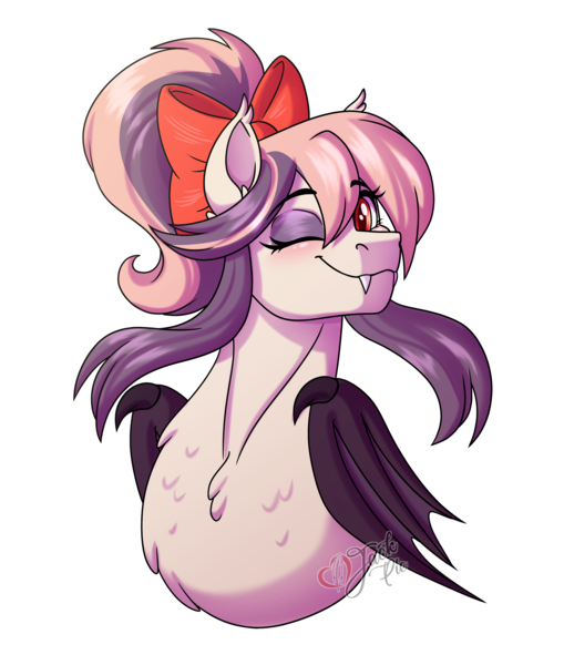 Size: 2800x3300 | Tagged: safe, artist:jack-pie, derpibooru import, oc, oc:sweet velvet, unofficial characters only, bat pony, bat pony oc, bat wings, beautiful, bust, chest fluff, commission, cute, female, high res, image, one eye closed, png, pretty, simple background, smiling, solo, transparent background, wavy mouth, wings, wink