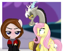 Size: 1920x1559 | Tagged: safe, artist:grapefruitface1, derpibooru import, discord, fluttershy, ponified, draconequus, earth pony, pegasus, pony, base used, crossover, discoshy, distracted boyfriend meme, female, image, kathryn janeway, looking at butt, male, pervert, png, shipping, star trek, star trek: voyager, straight, vector used, voice actor joke