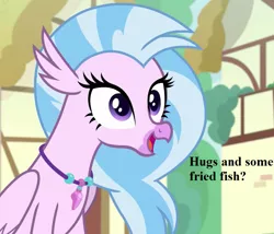 Size: 840x720 | Tagged: safe, derpibooru import, edit, edited screencap, screencap, silverstream, uprooted, bronybait, cropped, cute, diastreamies, flipped image, hug request, image, jewelry, necklace, png, ponyville, speech, talking