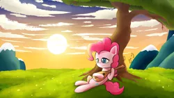 Size: 1920x1080 | Tagged: safe, artist:nicxchy, derpibooru import, pinkie pie, earth pony, pony, cloud, female, image, jpeg, lounging, mandolin, mare, music notes, musical instrument, signature, smiling, solo, sun, tree